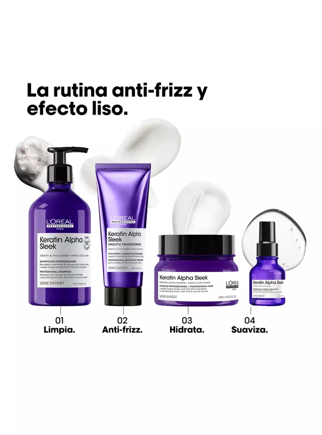 Shampoo Anti-frizz 500ml Keratin Alpha Sleek L'Oréal. - Imagen 3